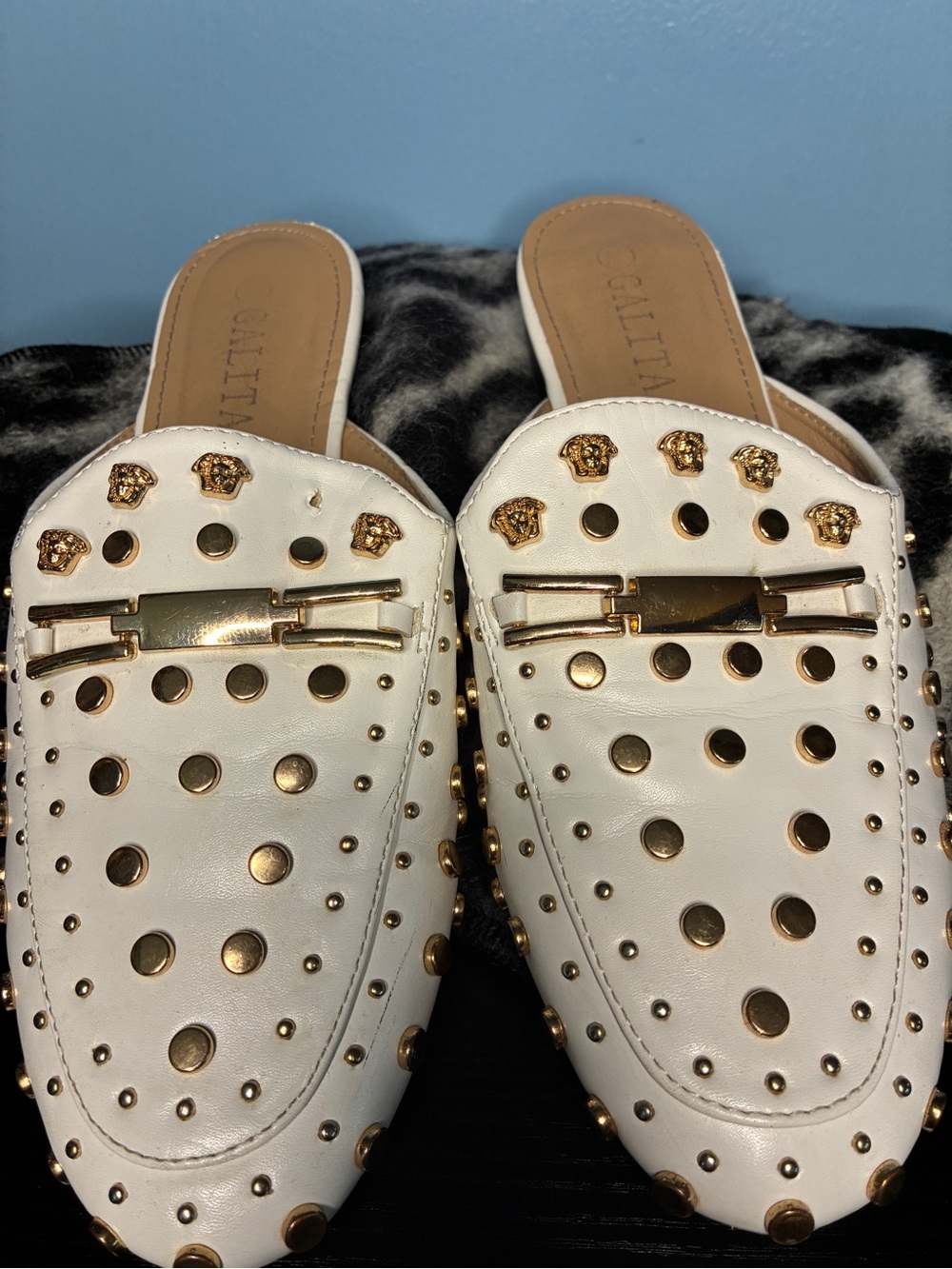 Galita White Studded Slip-On Mules with Gold Hardware